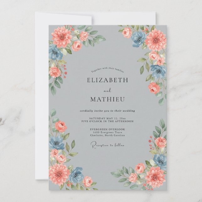 Silver Coral Painted Wedding Invitation (Front)