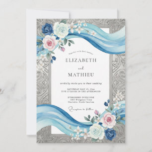 Silver Cornflower Ribbon Eucalyptus Wedding Invitation
