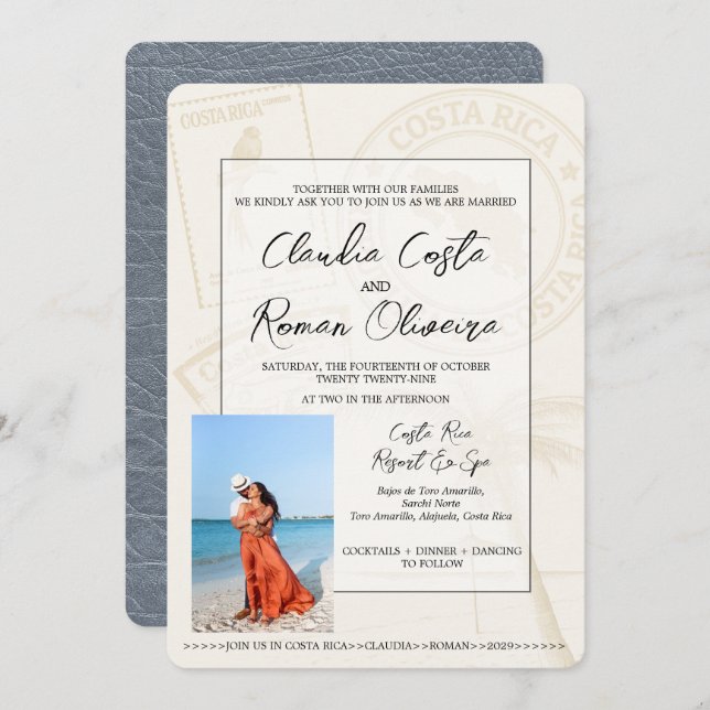 Silver Costa Rica Passport Wedding Invitation (Front/Back)