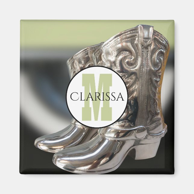 Silver Cowgirl Boots Personalised Country Monogram Magnet (Front)