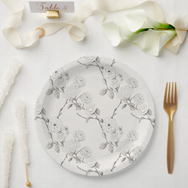 Silver Cream Black Fall Flowers Wedding  Paper Plate (Wedding)