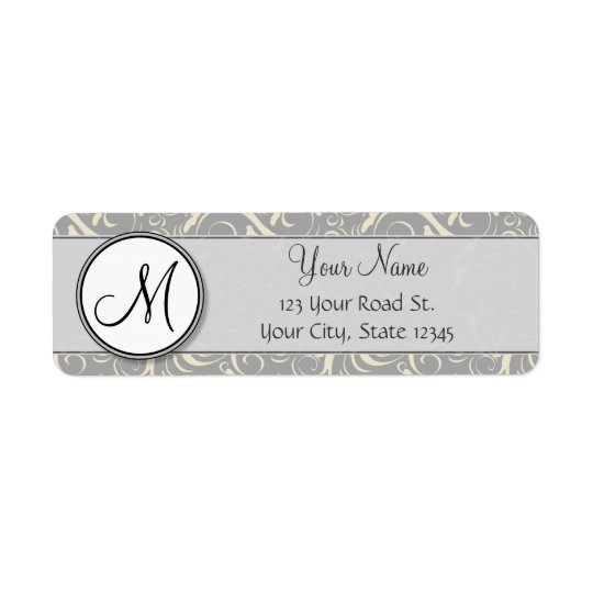 Silver Cream Floral Wisps & Stripes with Monogram Return Address Label