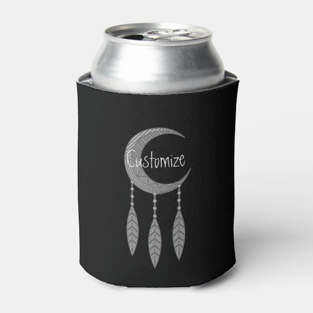 Silver Crescent Moon Feathers Thunder_Cove Can Cooler (Can Front)