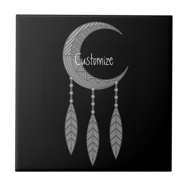 Silver Crescent Moon Feathers Thunder_Cove Ceramic Tile (Front)