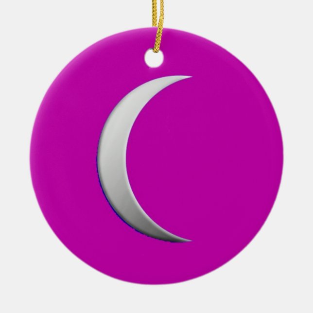Silver crescent moon - magenta background ceramic tree decoration (Front)