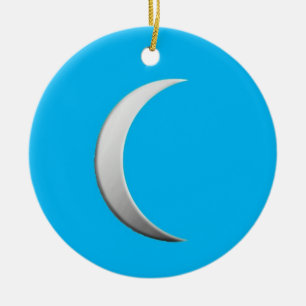 Silver crescent moon - turquoise background ceramic ornament