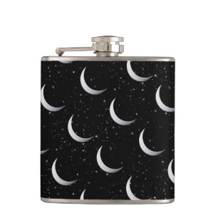 Silver crescent moons - starry background hip flask