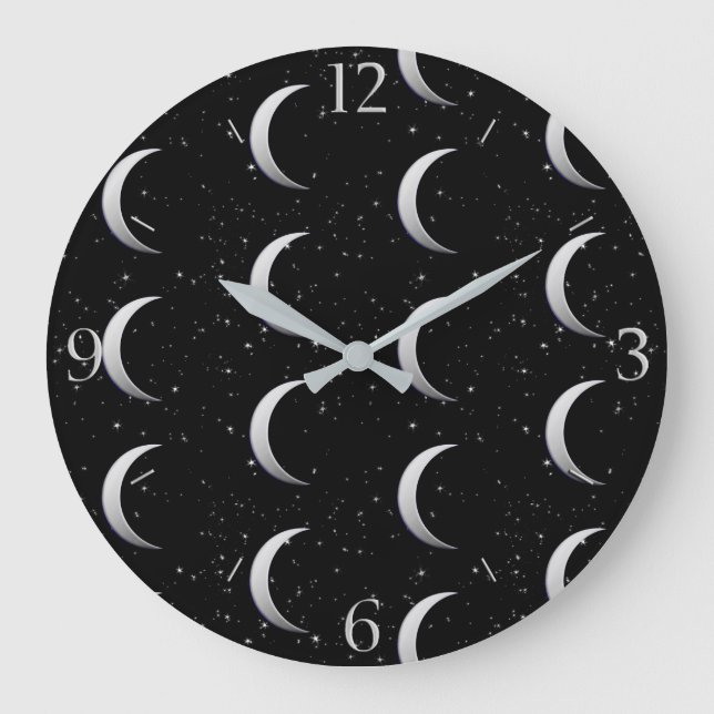 Silver crescent moons - starry background large clock (Front)