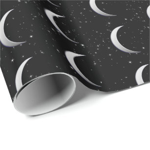 Silver crescent moons - starry background wrapping paper