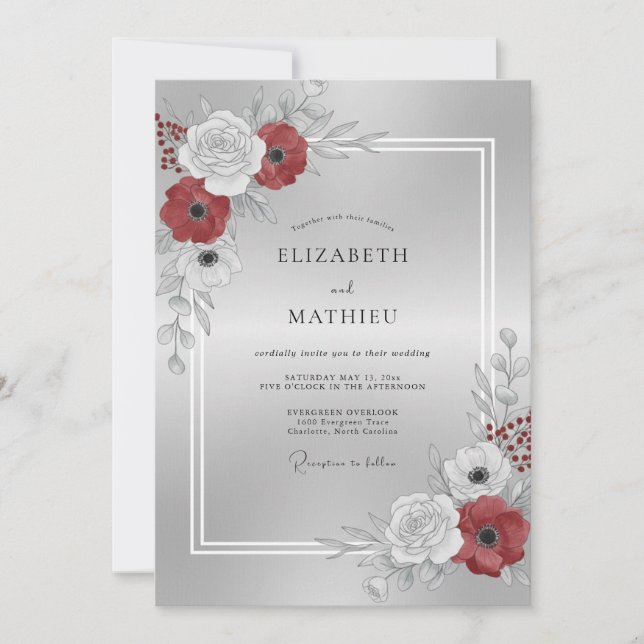 Silver Crimson Blossom Wedding Invitation (Front)