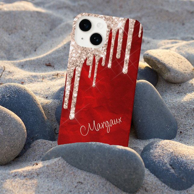Silver Crimson Glitter Drips on Red Monogram iPhone Case (Creator Uploaded)