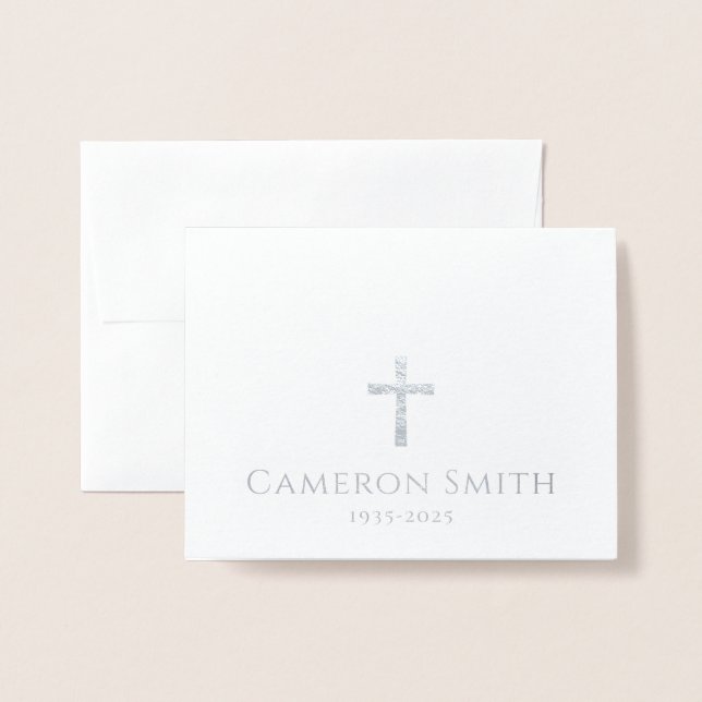 Silver cross and name loss sympathy thank you foil card (Front With Envelope)