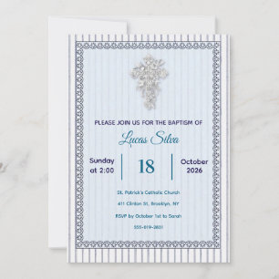 Silver Cross Baptism with Blue boy Striped Lace Invitation