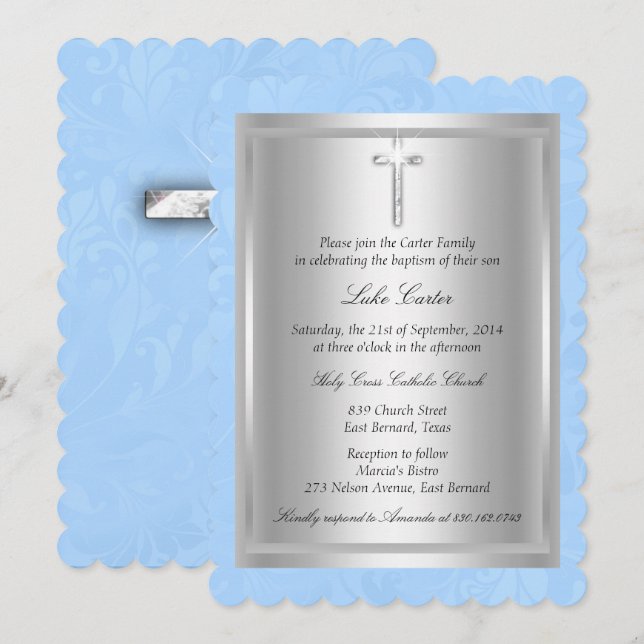 Silver Cross Blue Baptism Christening Invitation (Front/Back)