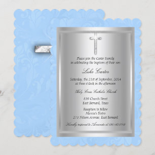Silver Cross Blue Baptism Christening Invitation