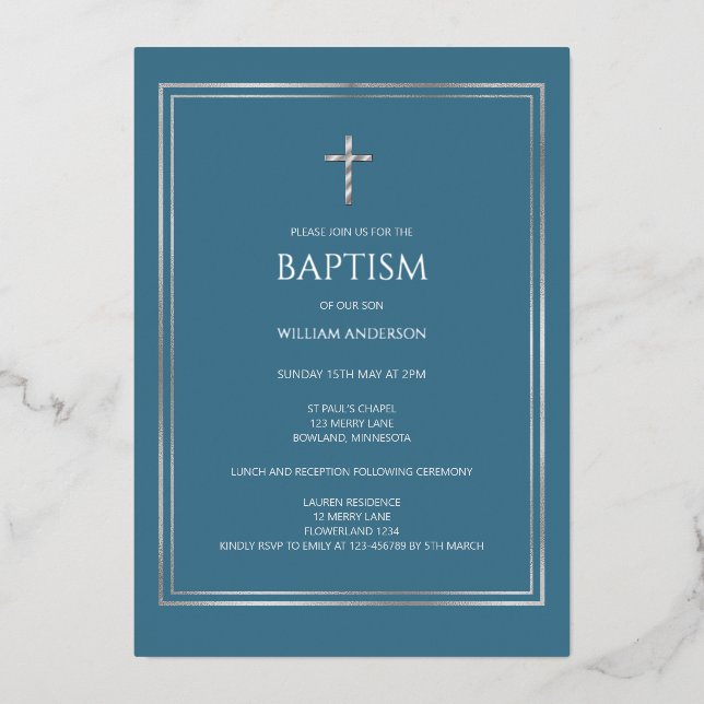 Silver Cross Boy dusty Blue foil Invitation (Front)