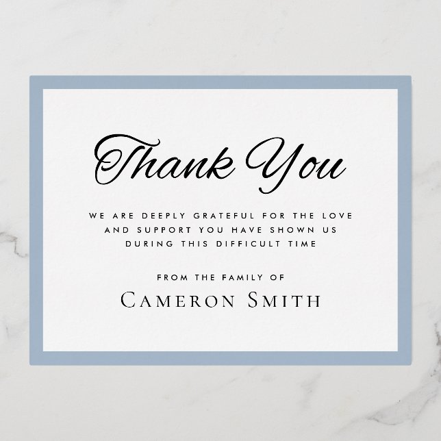 Silver cross dusty blue sympathy thank you card (Back)