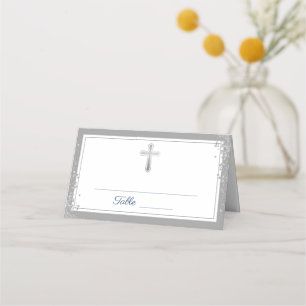 Silver Cross Glitter Navy Blue First Communion Place Card