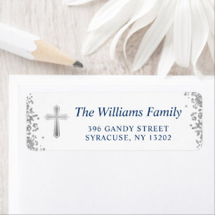 Silver Cross Glitter Religious Return Address Label