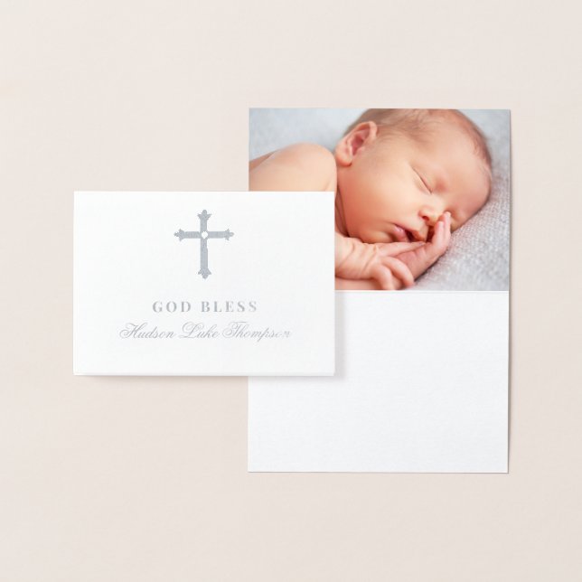 Silver Cross God Bless Baby Religious Baptism Foil Card (Display)