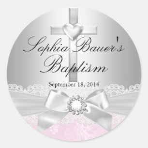 Silver Cross & Lace Bow Baptism Sticker