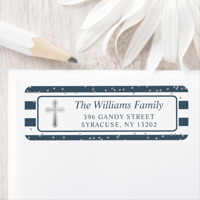 Silver Cross Navy Blue Stripes Return Address Labe Label (Insitu)