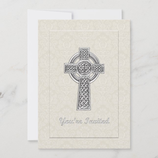 Silver Cross on Ivory Damask You're Invited Invitation (Front)