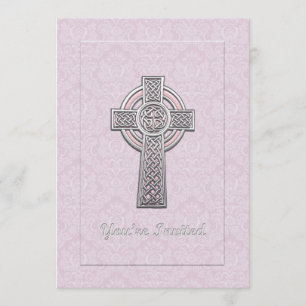 Silver Cross on Pink Damask You're Invited Invitation