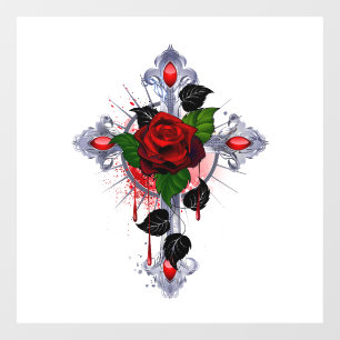 Silver Cross with a Red Rose