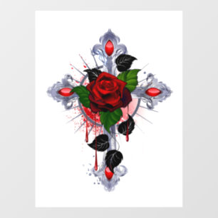 Silver Cross with a Red Rose