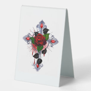 Silver Cross with a Red Rose