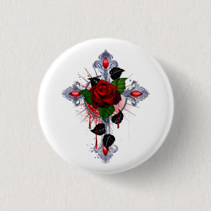 Silver Cross with a Red Rose 3 Cm Round Badge