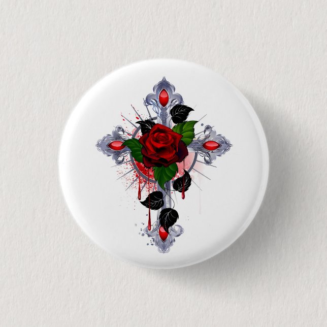 Silver Cross with a Red Rose 3 Cm Round Badge (Front)