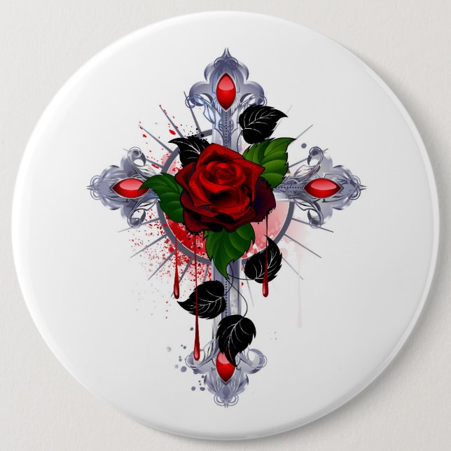 Silver Cross with a Red Rose 6 Cm Round Badge (Front)