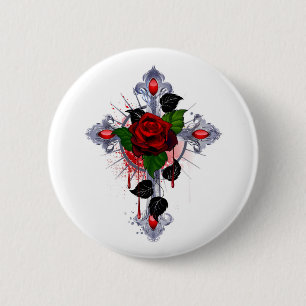 Silver Cross with a Red Rose 6 Cm Round Badge