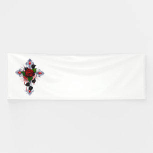 Silver Cross with a Red Rose Banner