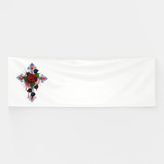 Silver Cross with a Red Rose Banner (Horizontal)