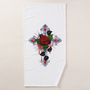 Silver Cross with a Red Rose Bath Towel