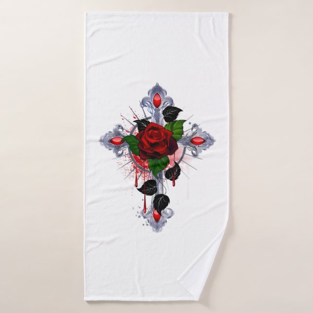 Silver Cross with a Red Rose Bath Towel (Bath Towel)