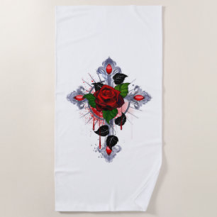 Silver Cross with a Red Rose Beach Towel