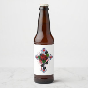 Silver Cross with a Red Rose Beer Bottle Label