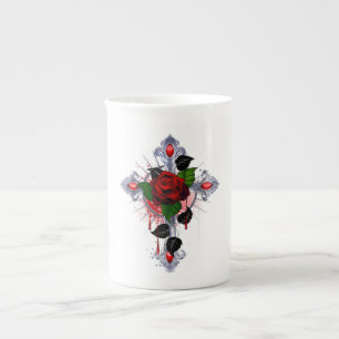 Silver Cross with a Red Rose Bone China Mug