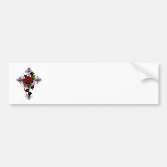Silver Cross with a Red Rose Bumper Sticker (Front)