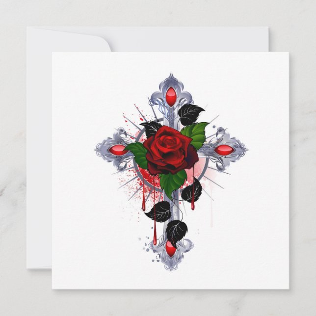 Silver Cross with a Red Rose Card (Front)