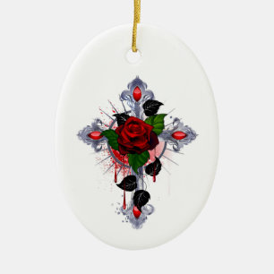 Silver Cross with a Red Rose Ceramic Ornament
