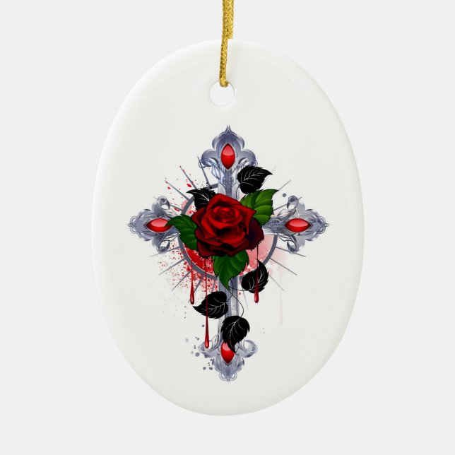 Silver Cross with a Red Rose Ceramic Ornament (Front)