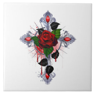Silver Cross with a Red Rose Ceramic Tile