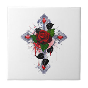 Silver Cross with a Red Rose Ceramic Tile