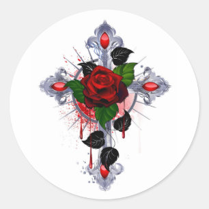 Silver Cross with a Red Rose Classic Round Sticker