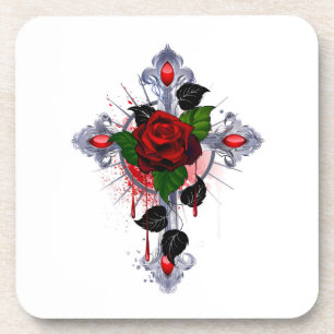 Silver Cross with a Red Rose Coaster